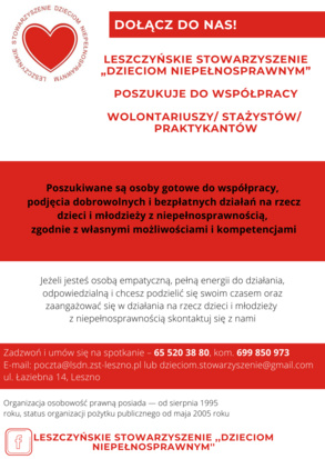 Leszczyńskie Stowarzyszenie „Dzieciom Niepełnosprawnym” szuka osób do współpracy