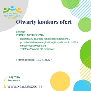 Otwarty konkurs ofert na realizację zadania publicznego w zakresie pomocy społecznej - Działania w zakresie rehabilitacji społecznej, przeciwdziałania marginalizacji i wykluczeniu osób z niepełnosprawnościami